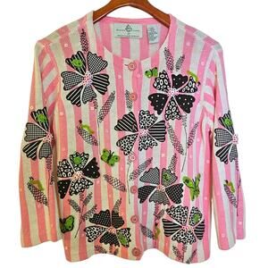 Vintage Design Options Pink & White Striped Knit Button Up Cardigan Sweater